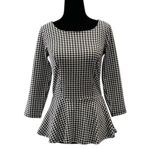 Ricki’s Classic Black and White Houndstooth Peplum Top Ponte Knit Size XS
